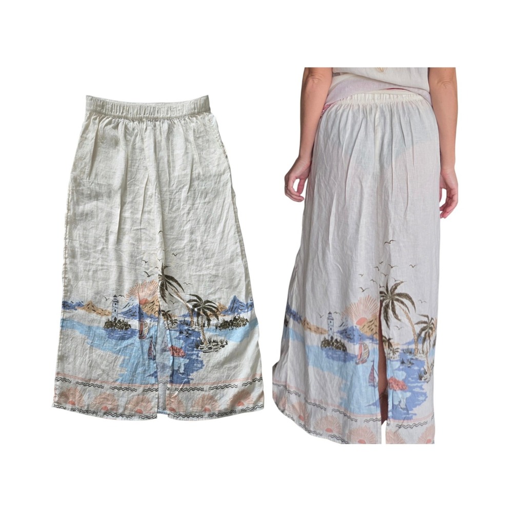 Cynthia Rowley Tropical Linen Maxi Skirt M Semi-sheer White Nautical Boho Beach - Picture 2 of 13
